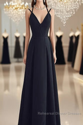 Beautiful Black Chiffon Straps Long A-Line Junior Semi Formal Prom Dress, Black Party Gowns